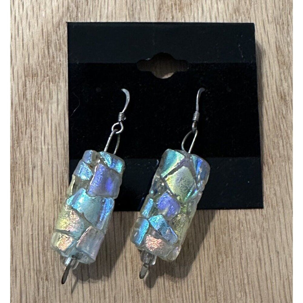 Sterling Silver 925 Dicroic Art Glass Dangle Earrings Cylinder Tube Rod Round